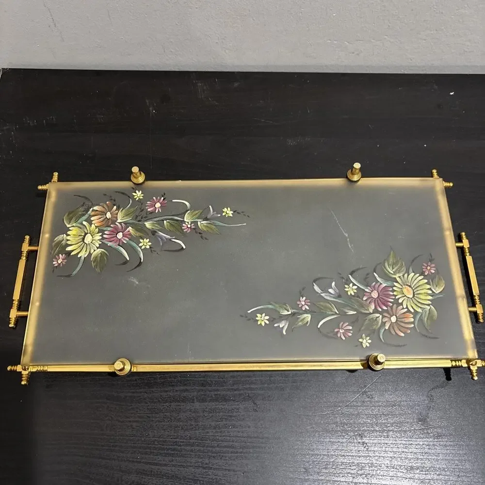 Vintage MCM Hollywood Regency Brass Frame Glass Hand Painted Floral Serving Tray